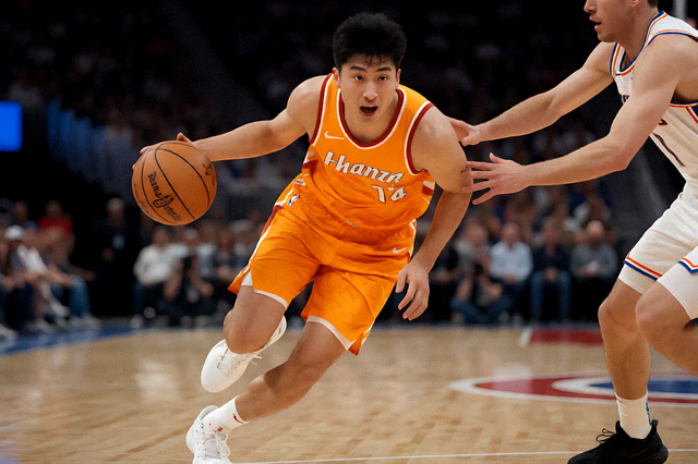 NBA 篮球比赛现场，球员持球突破防守队员